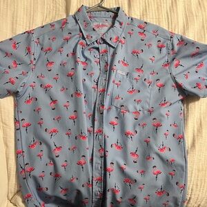 Casual Flamingo Print Button-Down Shirt - Light Blue and Pink